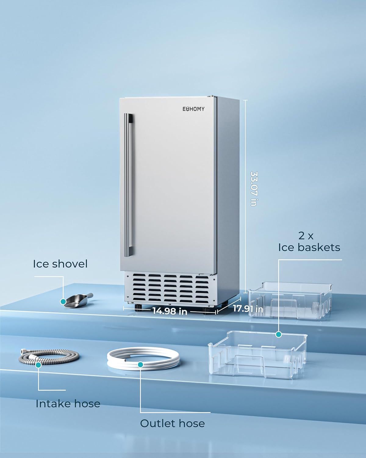 EUHOMY Under Counter Nugget Ice Maker Machine, 66Lbs/Day, Bulit-in Freestanding Ice Maker with Gravity Drainage, Self-Cleaning & 24H Timer Ice Machine, for Home Use(Silver)