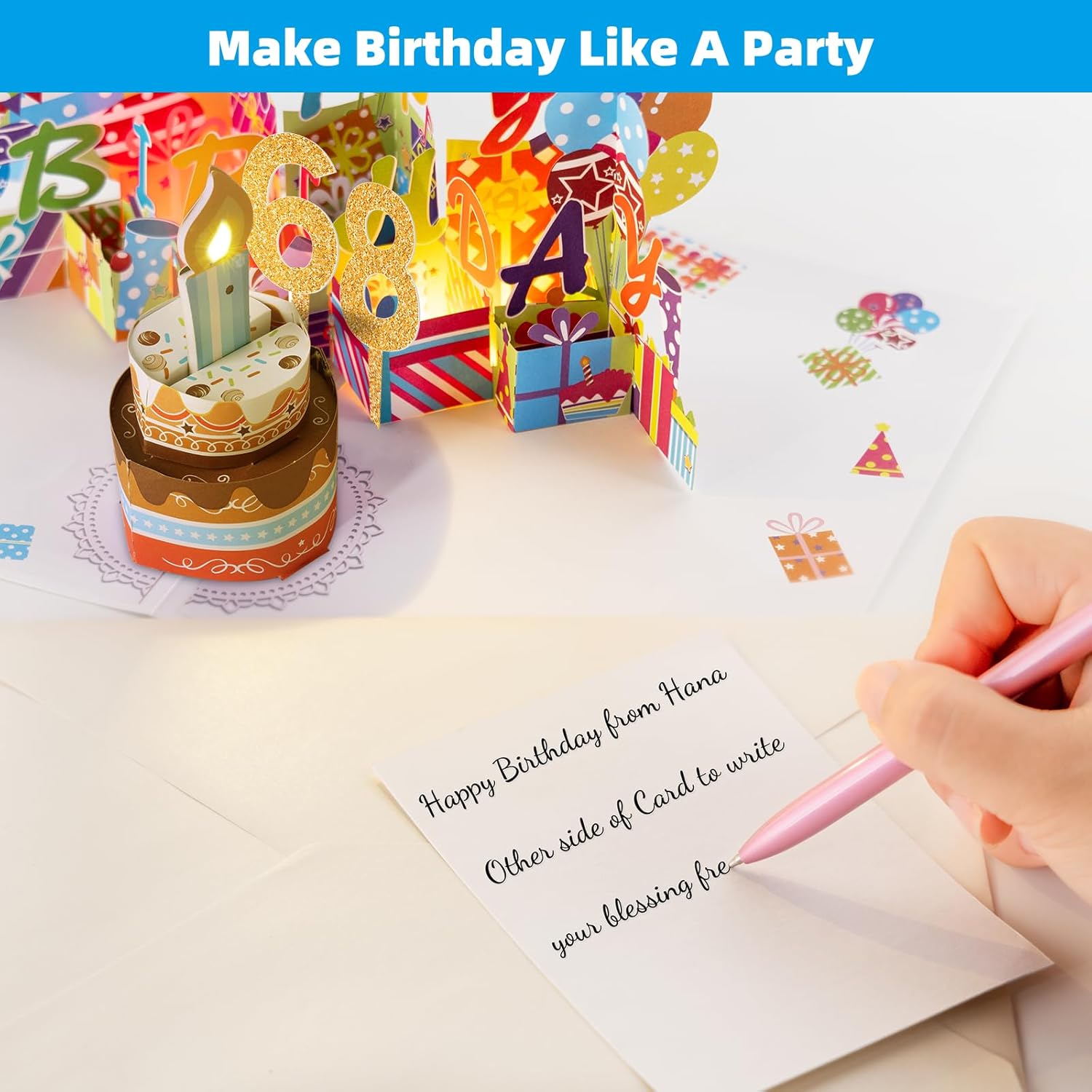 Gumry 68TH Musical Birthday PopUp Card, Blowable Colorful Light Candle 3D Cards with Song, Applause Cheers Sound, Greeting Cards Birthday Gifts Decorations for Women Men Turning 68 Years Old - Image 6