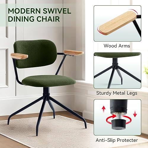Miniatura 3 de Juego de 2 sillas de comedor giratorias modernas con brazos, cómodas sillas de comedor tapizadas, reposabrazos de madera y marco de metal