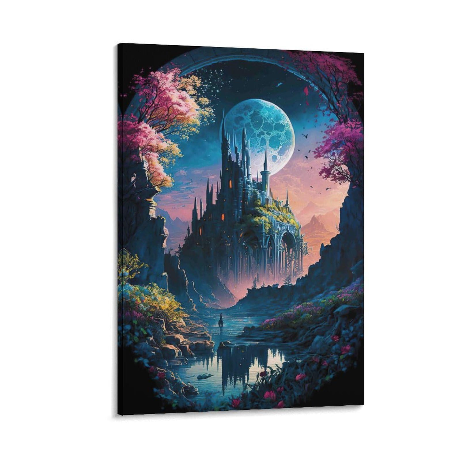 DHBANEIOK Fantasy Castle Moonlight Poster Artwork Canvas Prints Picture Modern Wall Art Picture Wall Hanging for Bathroom Wall Decor 12x18inch(30x45cm)