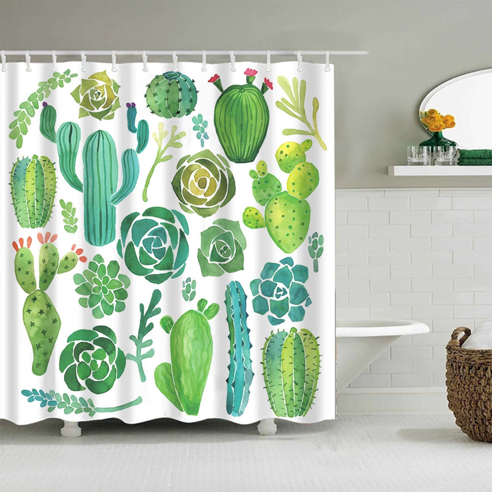 Rideau de douche en polyester imperméable avec crochets Motif cactus 200 x 180 cm Noir 175 x 178 cm