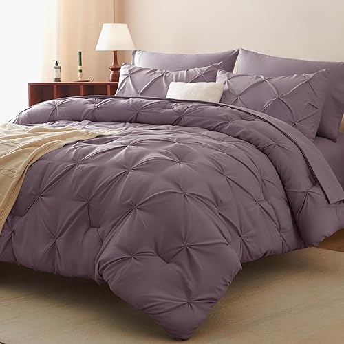 Miniatura 6 de CozyLux Juego de Edredón Queen Morado Grisáceo, 7 Piezas Pintuck Cama en una Bolsa, Edredón Morado Premium Tamaño Queen, Juegos de Ropa de Cama de