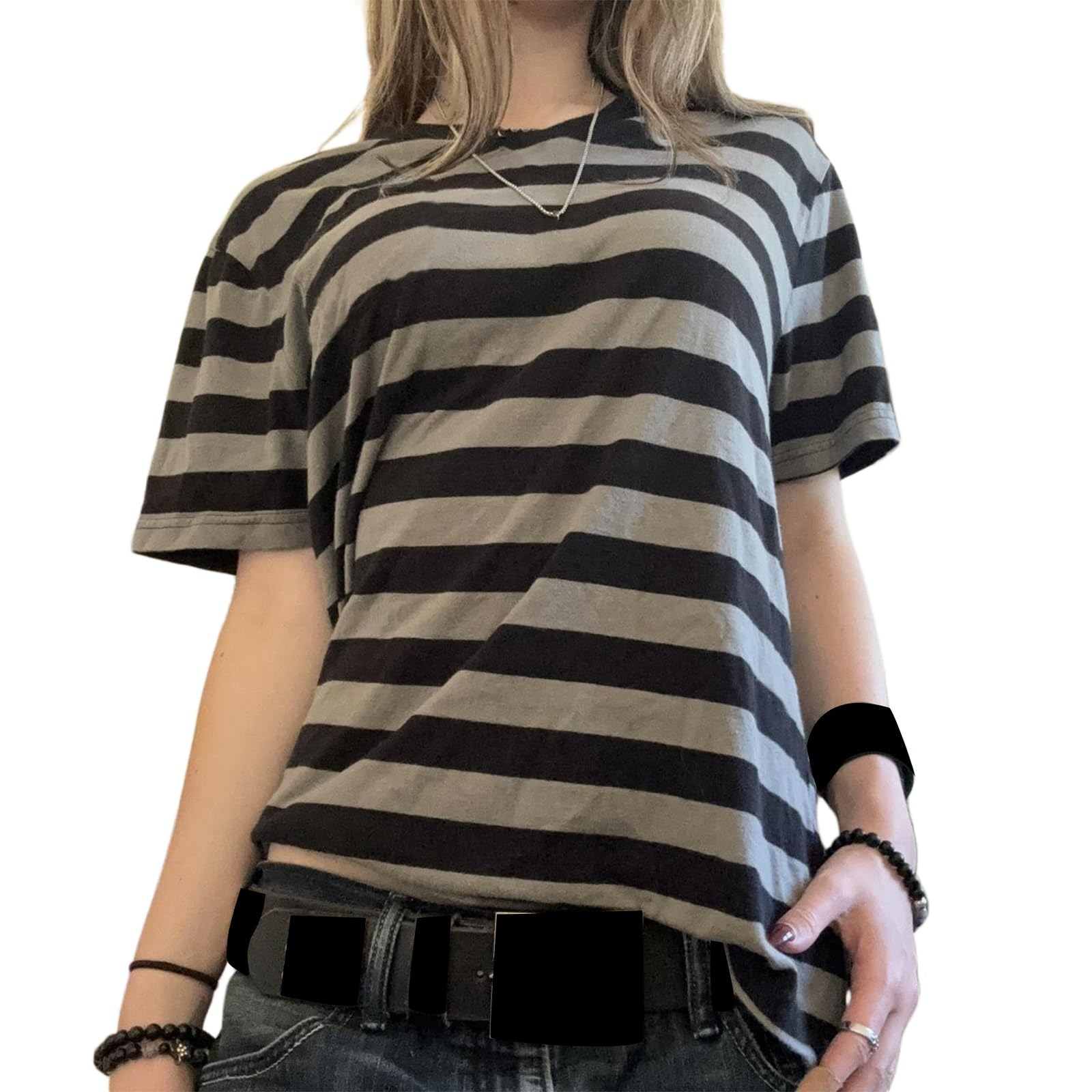 Women Y2k Gothic Striped Tees Short Sleeve Crew Neck Casual Loose Grunge Top Aesthetic Emo Clothes Stripe-gray S