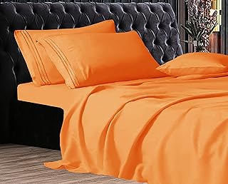 Luxe 1500 Thread Count Egyptian Quality 3-Line Sheet Set Breathable, Buttery-Smooth Weave, Premium Hotel Quality, Easy Care 4-Piece Sheet Set, Deep Pocket and Easy Fit, Queen, Elite Orange