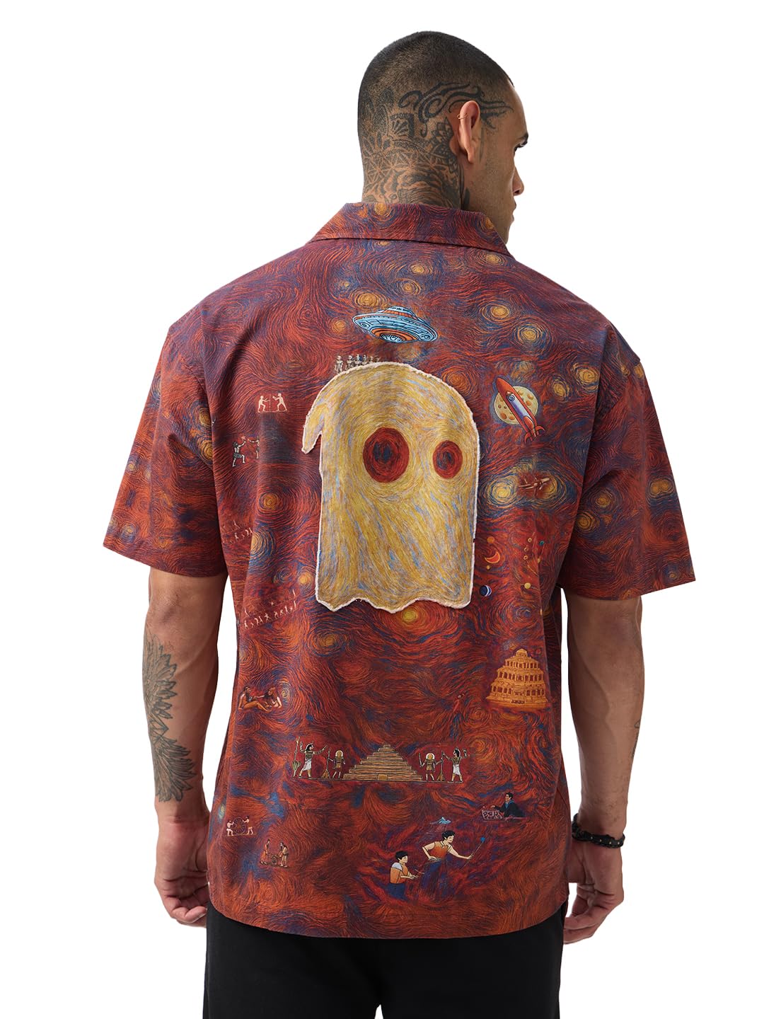 Souled Originals: Starry Night Men and Boys Short Sleeve Cuban Collar Red Graphic Printed Casual Lightweight Drop Shoulder Streetwear Trendy Casual Cotton Oversized Shirt-image-12