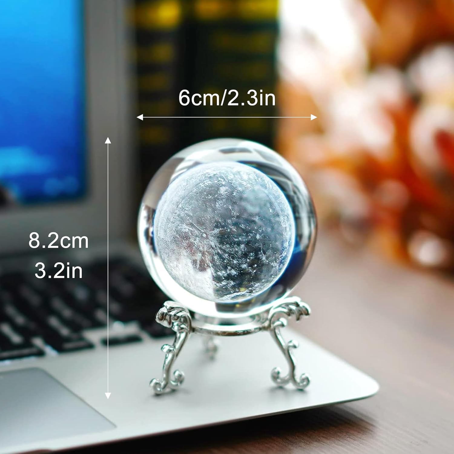 Neouth 60mm(2.3inch) Moon Crystal Ball Paperweight 3D Laser Engraved Quartz Glass Ball with Stand Sphere Table Decor Crafts