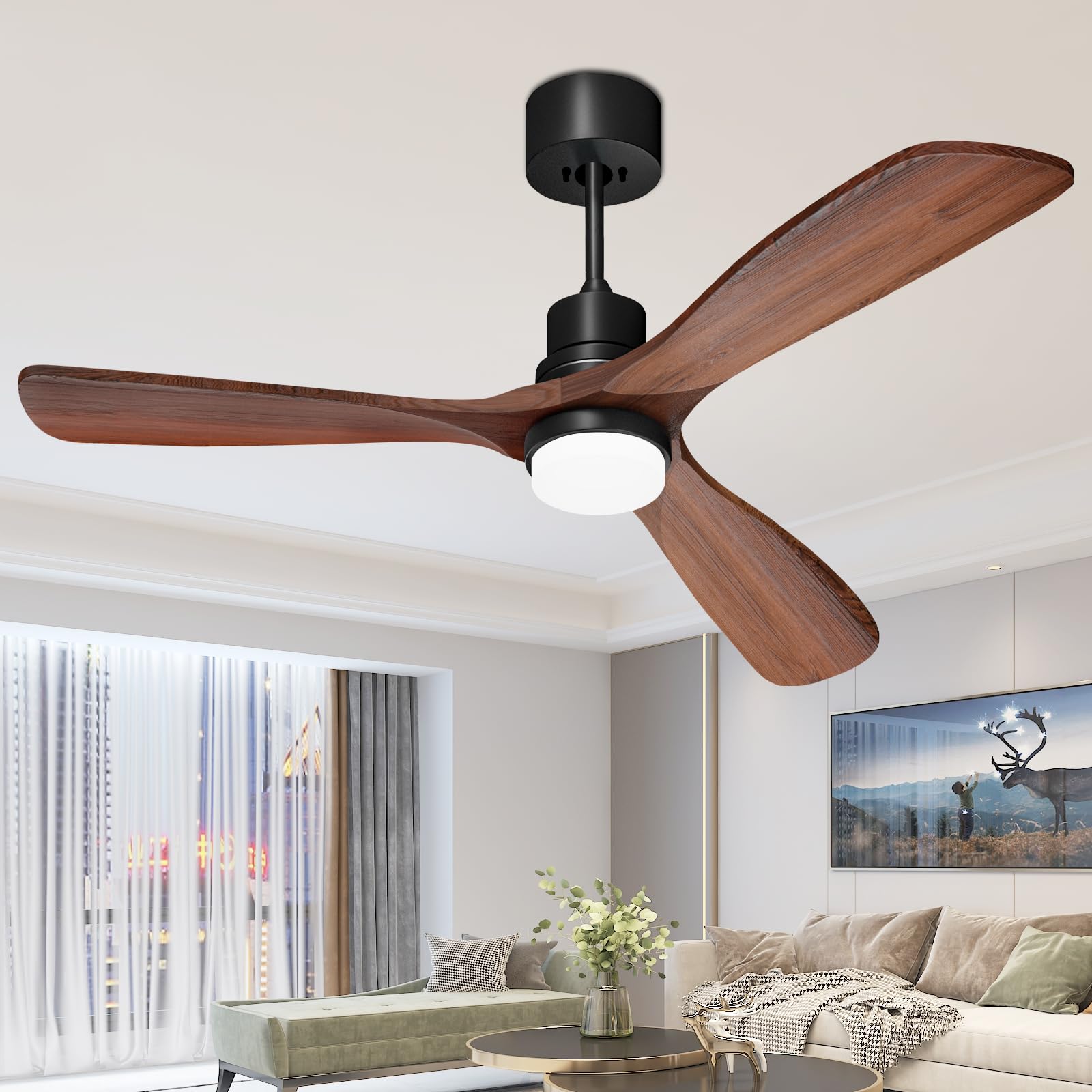 Obabala52" Wood Ceiling Fan With LED Lights and Remote - 3 Walnut Wood Blades -6 Speeds -Reversible Quiet DC Motor 5250 CFM for Outdoor Patio,Living Room, Bedroom - Matte Black