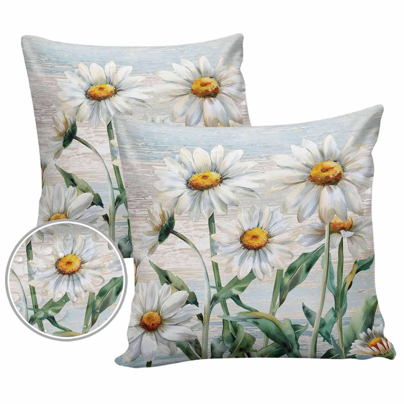 TweetyBed Outdoor Waterproof Pillow Covers Daisy Floral Set of 2 Decorative Outdoor Pillowcases Rustic Flower Teal Wood Grain Cushion Cases for Patio