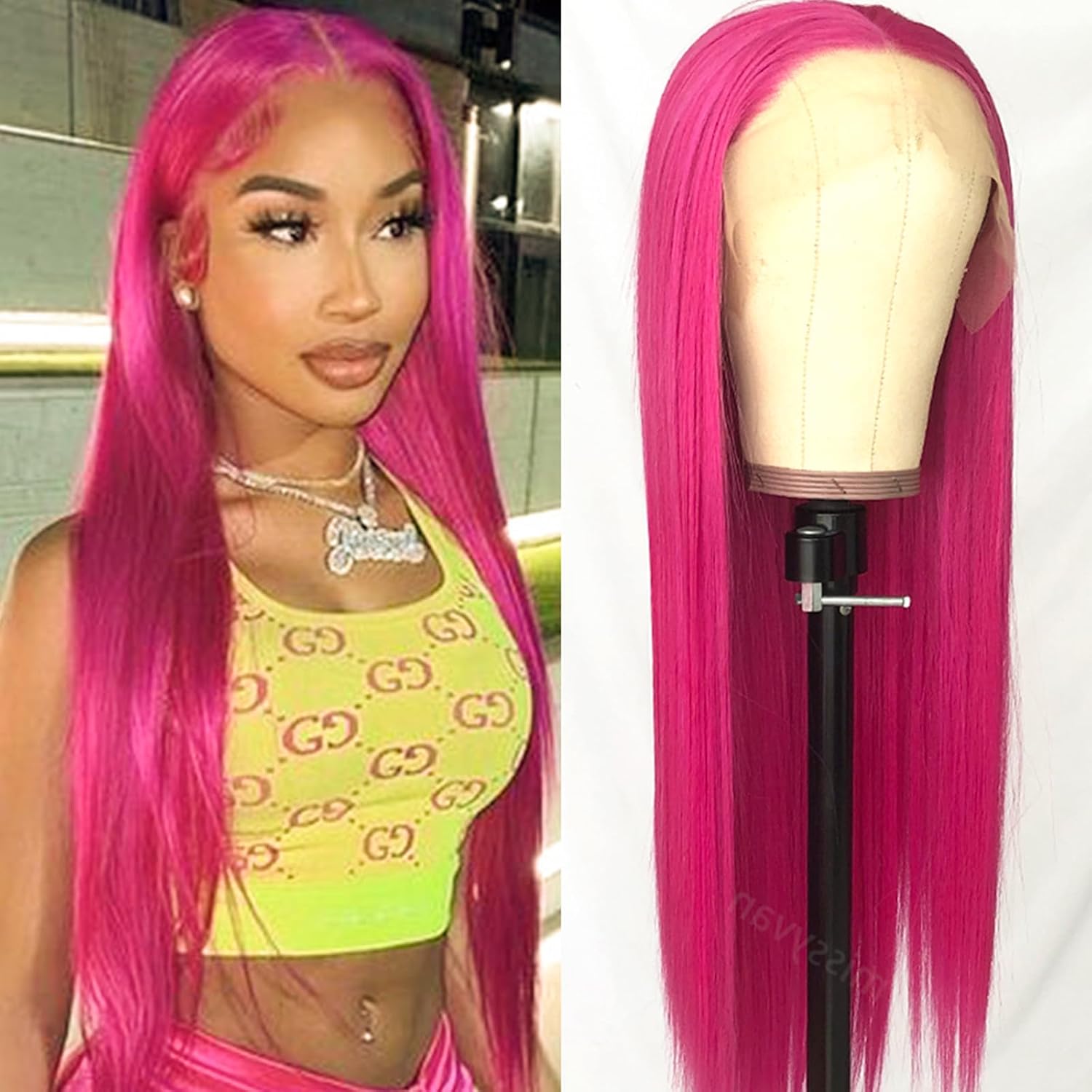 Missyvan Hot Pink Lace Front Wig Synthetic Silky Straight Fashion Hair Wigs Colorful 22 Inch Long Natural Glueless Wigs Heat Resistant Fiber Hair