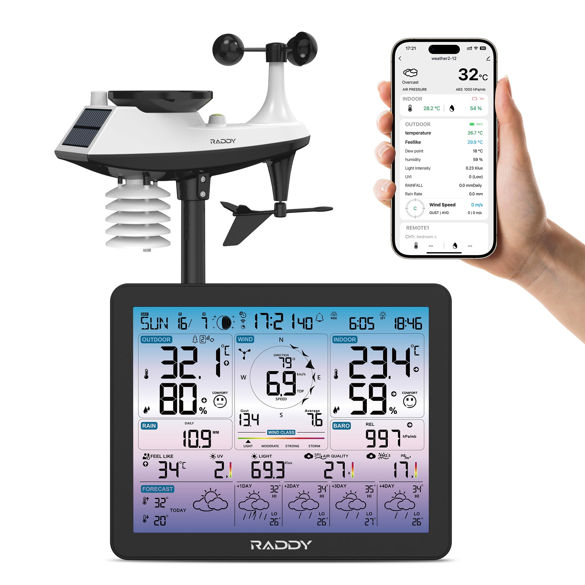 Raddy VP7-APP Station Météo San Fil Intérieure Extérieure, Contrôle par APP