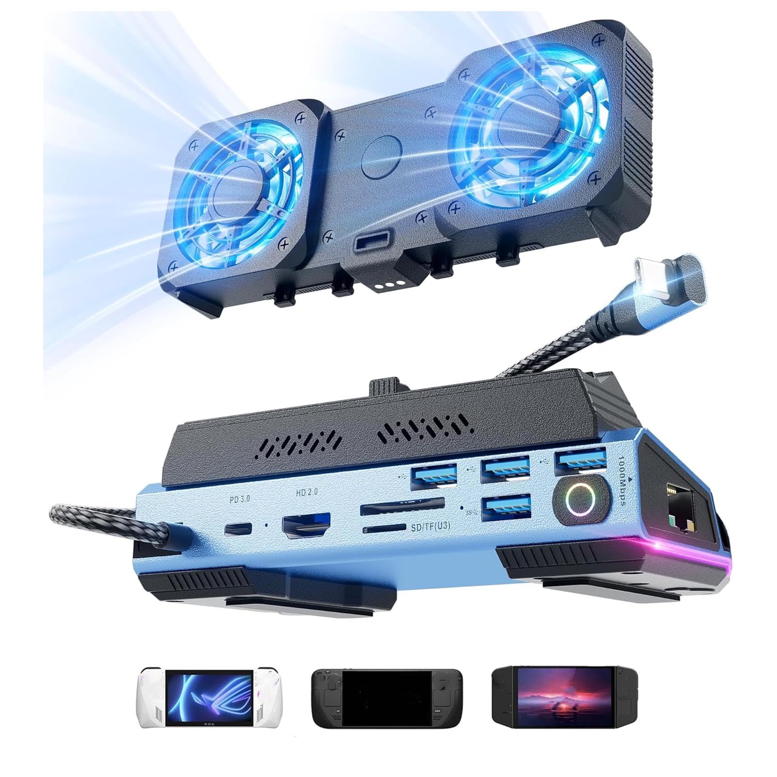 10 en 1 Estación de Acoplamiento para la Cubierta de Vapor, Rog Ally X, Legion Go, HDMI 4K@60Hz, 1000Mbps Ethernet, 4 Puertos USB, Carga de 100W PD, SD/TF, con Ventiladores Duales