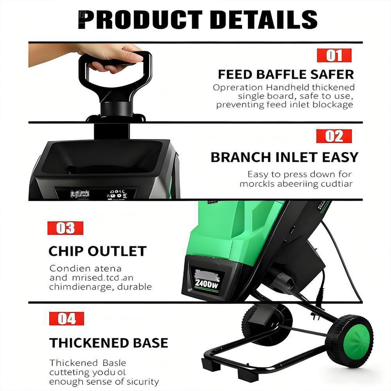 Biotrituratore Elettrico per Legno e Foglie 2400W, 4500 Giri/Min, Sacco di Raccolta 50L, per Rami 0-40mm