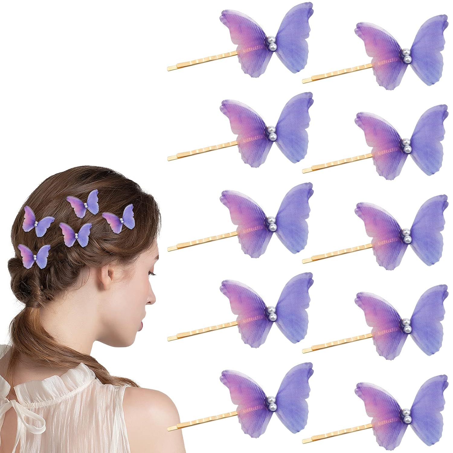 10 Pcs Purple Butterfly Hair Clips Pearl Fabric Fashionable Bobby Pins NonSlip