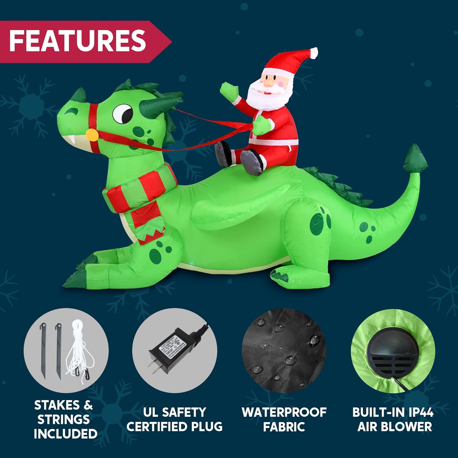 Joiedomi 6 FT Long Christmas Inflatable Dragon Outdoor Decoration, Inflatable Santa Riding Green Dragon with LEDs, Christmas Blow Up Santa Yard Decoration for Xmas Party Garden Lawn Winter Décor