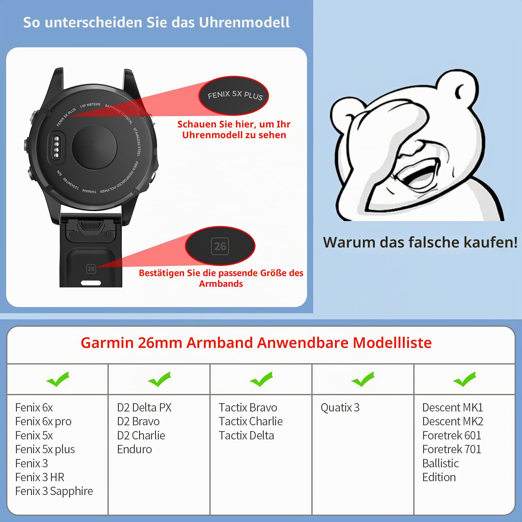 NotoCity Armband für Garmin Fenix 5X /Fenix 5X Plus/Fenix 6X /Fenix 6X Pro/Fenix 7X /Fenix 3 /Fenix 3 HR, 26mm Breite Silikon Quick-Fit Uhrenarmband für Garmin, Mehrfache Farben