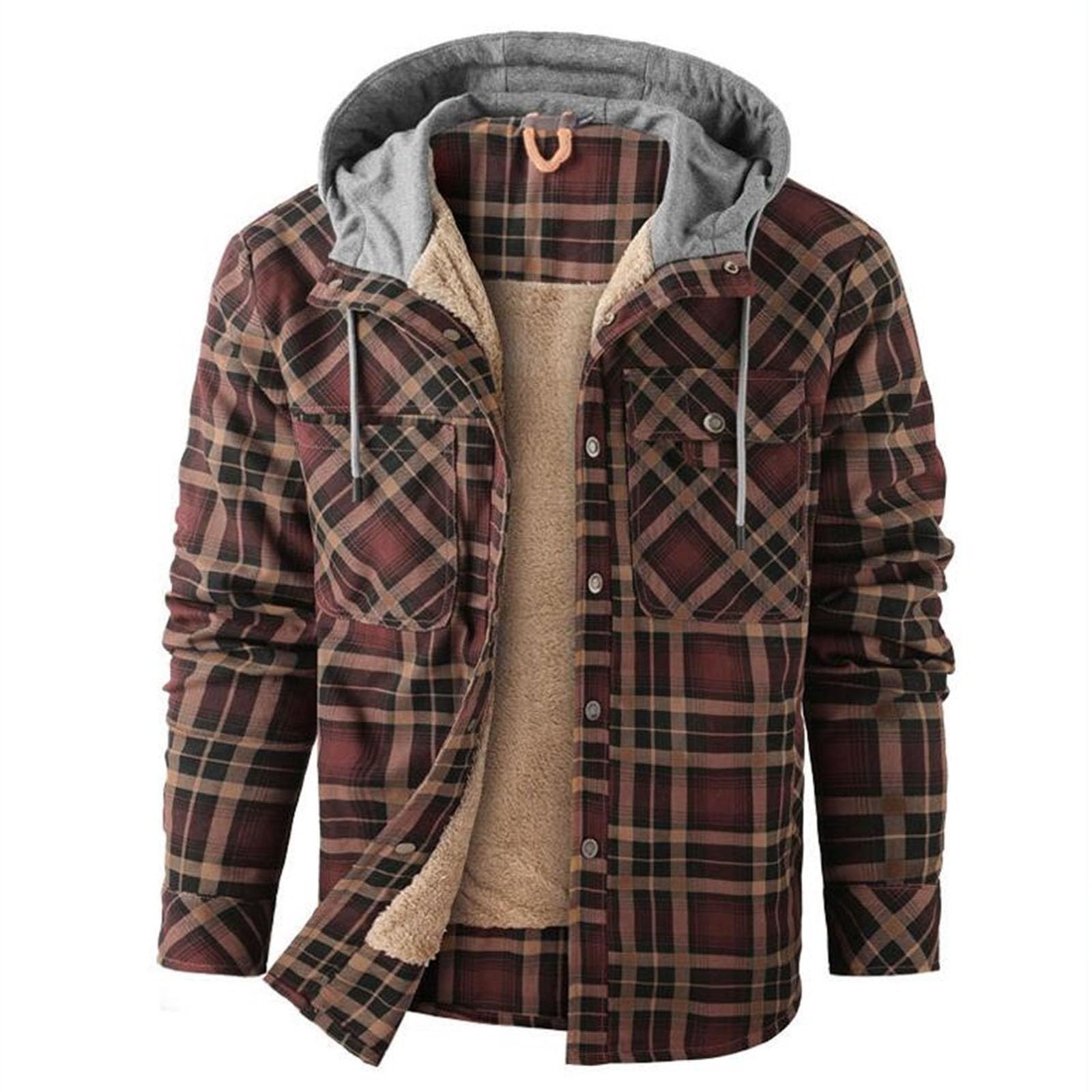 Generico Giacca Softshell Uomo - Giacca Cardigan da Uomo con Cappuccio E Bottoni Calda E Antivento in Velluto Scozzese per attività Commerciali E Commercio Estero