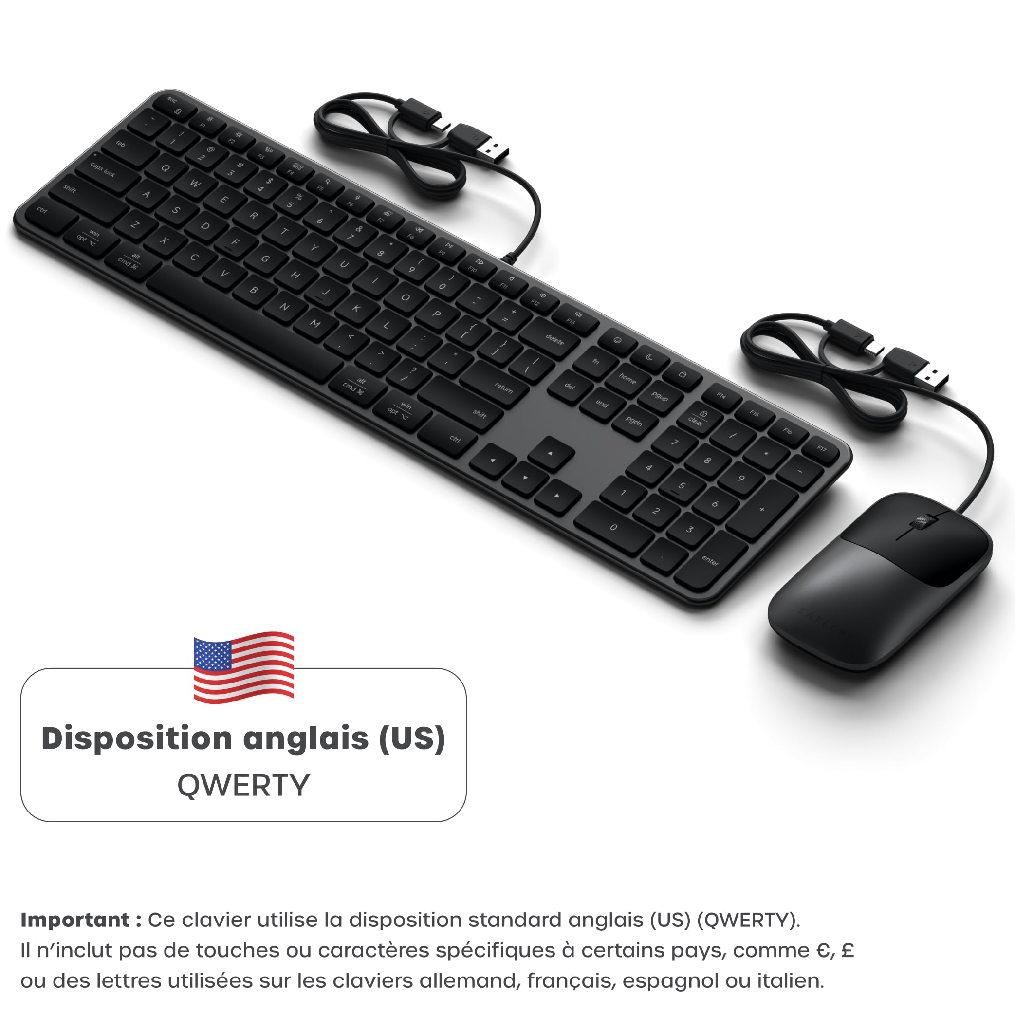 SATECHI Combo Clavier et Souris Filaire Slim CLX3 𝗤𝗪𝗘𝗥𝗧𝗬 𝗨𝗦, USB-C Plug and Play, Idéal pour Bureau, Compatible avec Mac, Windows et Android – Noir Sidéral