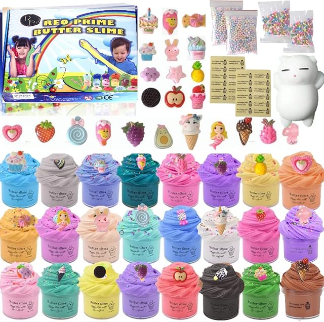 24 Big pack Fluffy Butter Slime playing Kit, with Cake, Candy and Fruit Butter Slime Accessories, Super Stretchy and Non-Sticky, Educational Stress Relief Slime Toys for Girls Boys Kids