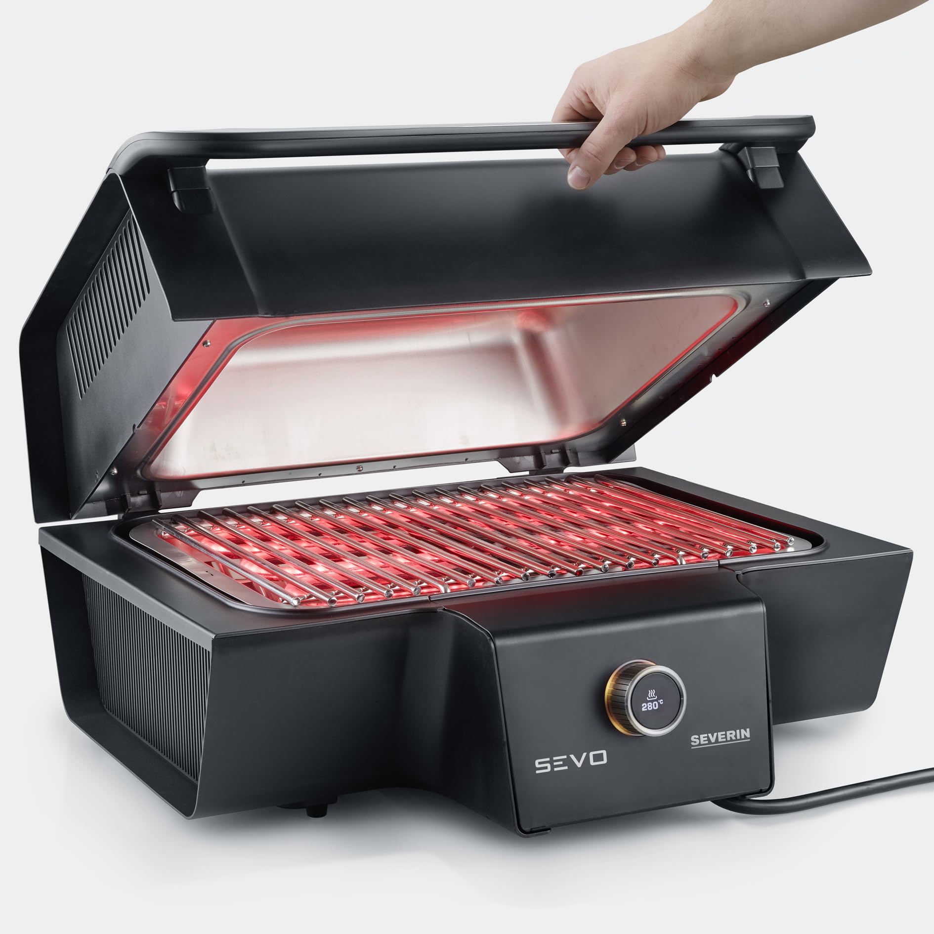 SEVERIN SEVO GT Barbecue Elettrico con Opzione Cottura Lenta, Grill Elettrico 3000W per Interni ed Esterni, Griglia Elettrica con Avvio Rapido fino a 500°C, Inox/Nero, PG 8106