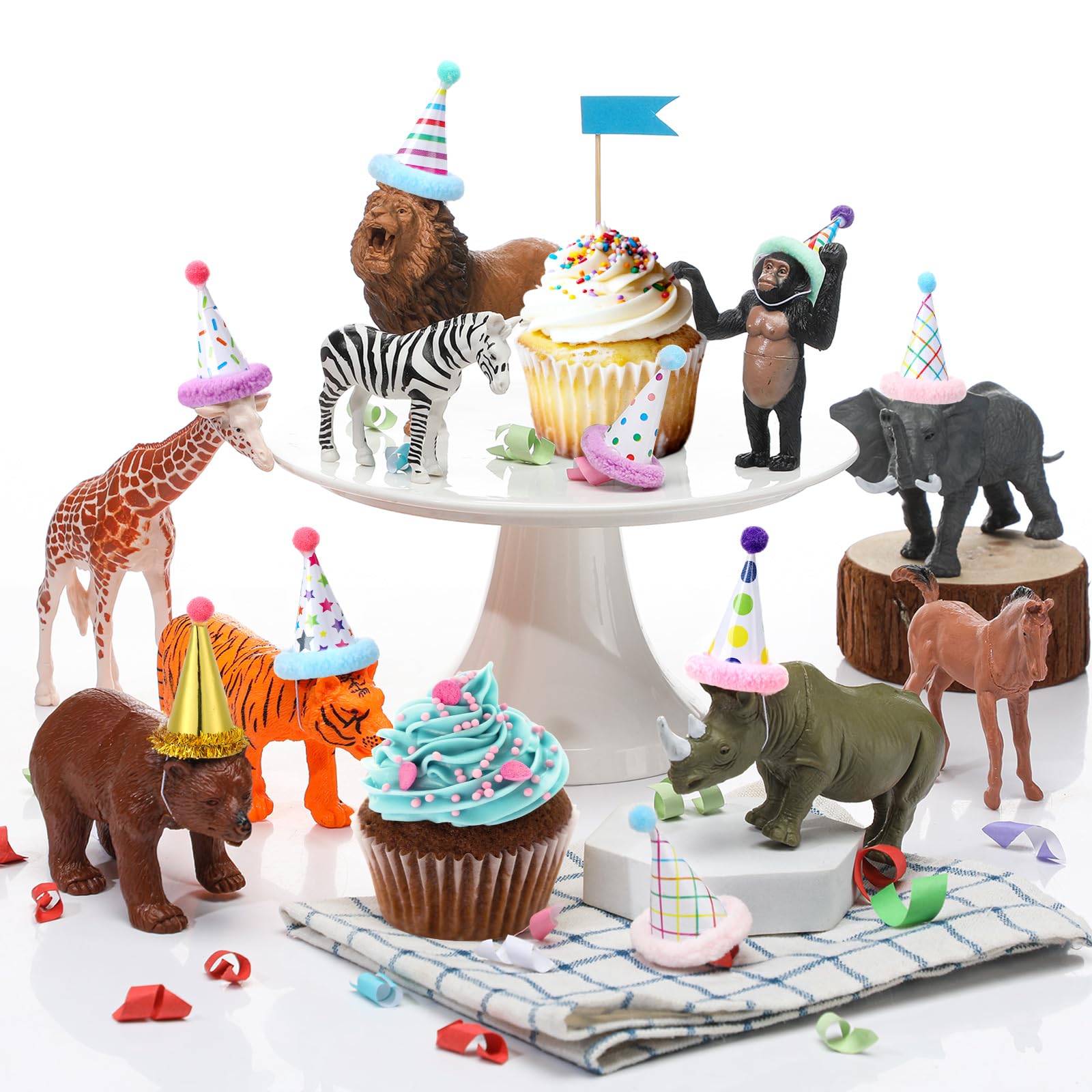 56 Pcs Safari Animal Birthday Party Decorations - Cake Toppers, Hats, Pom Poms, Gift Boxes - View #2