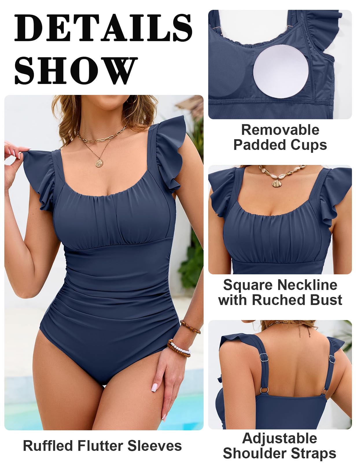 Maillot de Bain Femme 1 Piece Gainant Ventre Plat Maillots Une Pièce à Manches Volantée Froncée Col U Swimsuit Piscine de Plage