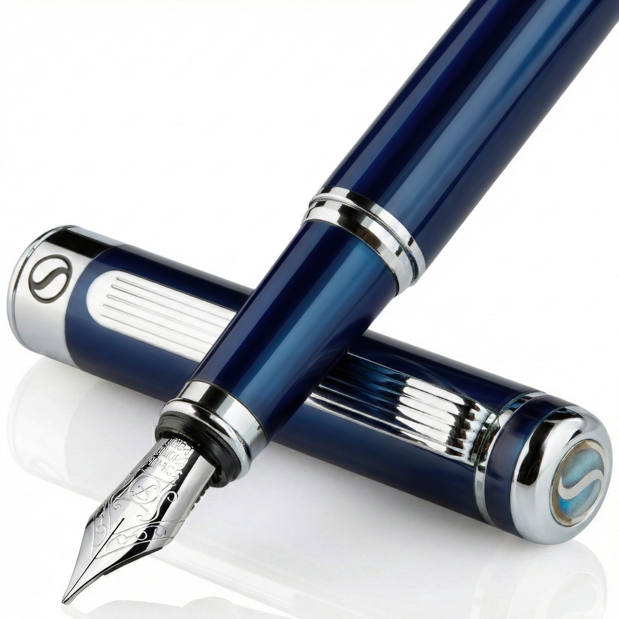 Scriveiner Midnight Blue Fountain Pen - Stunning Luxury Pen with Chrome Appointments, Schmidt Nib (Fine), Best Pen Gift Set for Men & Women, Professional, Executive, Office, Nice Pens