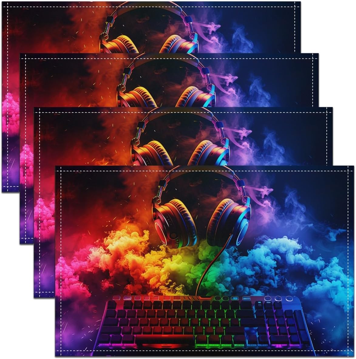 Musical Headset Place Mats 12x18 Inch Set of 4 3D Keyboard Placemats Modern Watercolor Gradient Table Mats for Kids Teen Adults Video Games Kitchen Table Decor