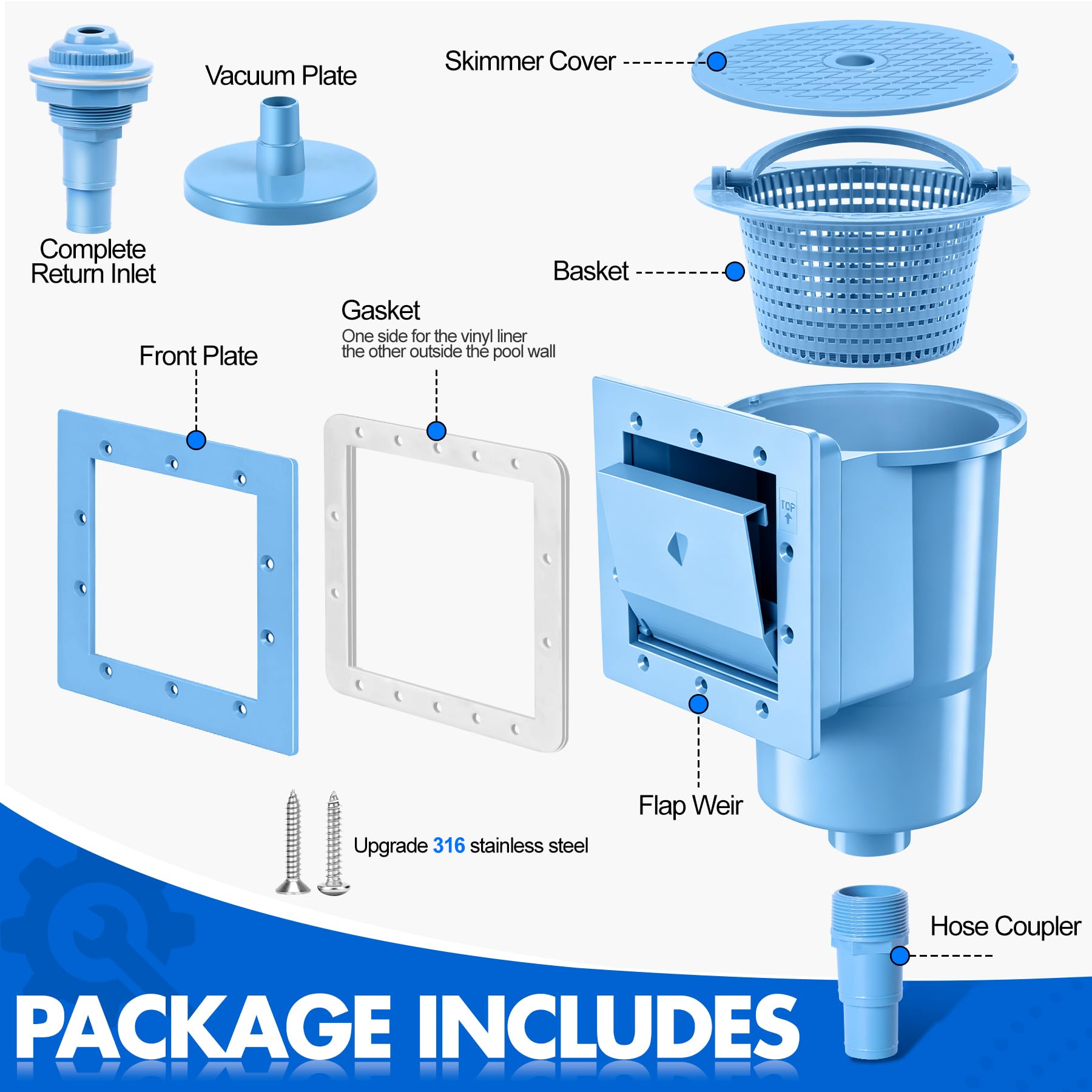 LuxBlue Skimmer Piscine Hors Sol, Skimmer de Surface Piscine Carrée en ABS de Haute Résistance, Ecumoire de Piscines avec Grand Panier Amovible pour Facile Nettoyage, Kit Skimmers Piscines Tubulaire
