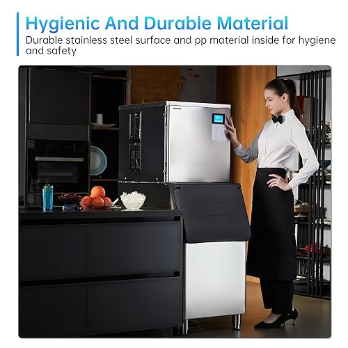 Miniatura 17 de Máquina comercial para hacer hielo, 270 libras/24 horas, contenedor de almacenamiento de 48 libras, acero inoxidable, luz azul, independiente, ideal