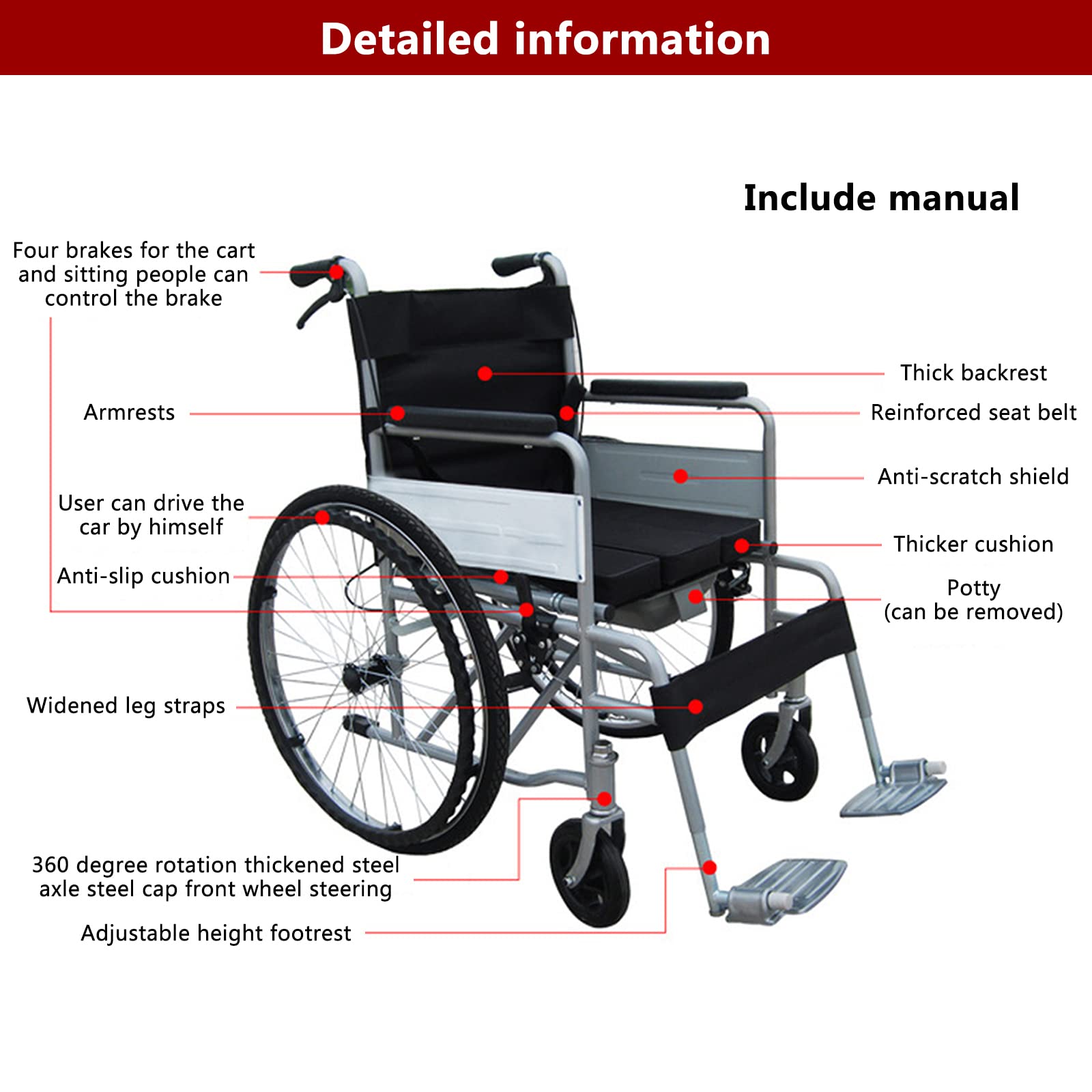 Silla de Ruedas,Silla de Ruedas Manual Ligera,Silla de Transporte Plegable con Reposapiés/Black