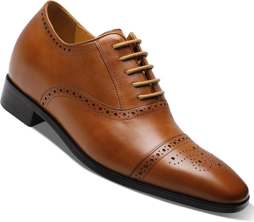 Chamaripa Men's Invisible Height Increasing Elevator Shoes-Brown Genuine Leather Tuxedo Dress Formal Oxford-2.76 Inches Taller K6532B