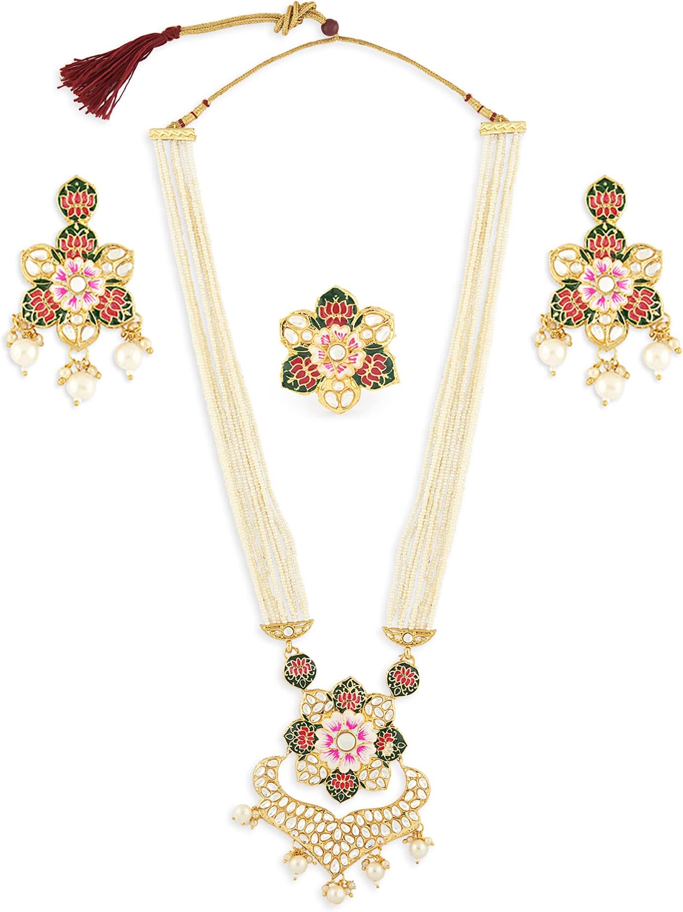 Multicolor Meenakari Lotus Design Multistrand Pearls Long Necklace Earring & Ring Set For Women-ZPFK13429