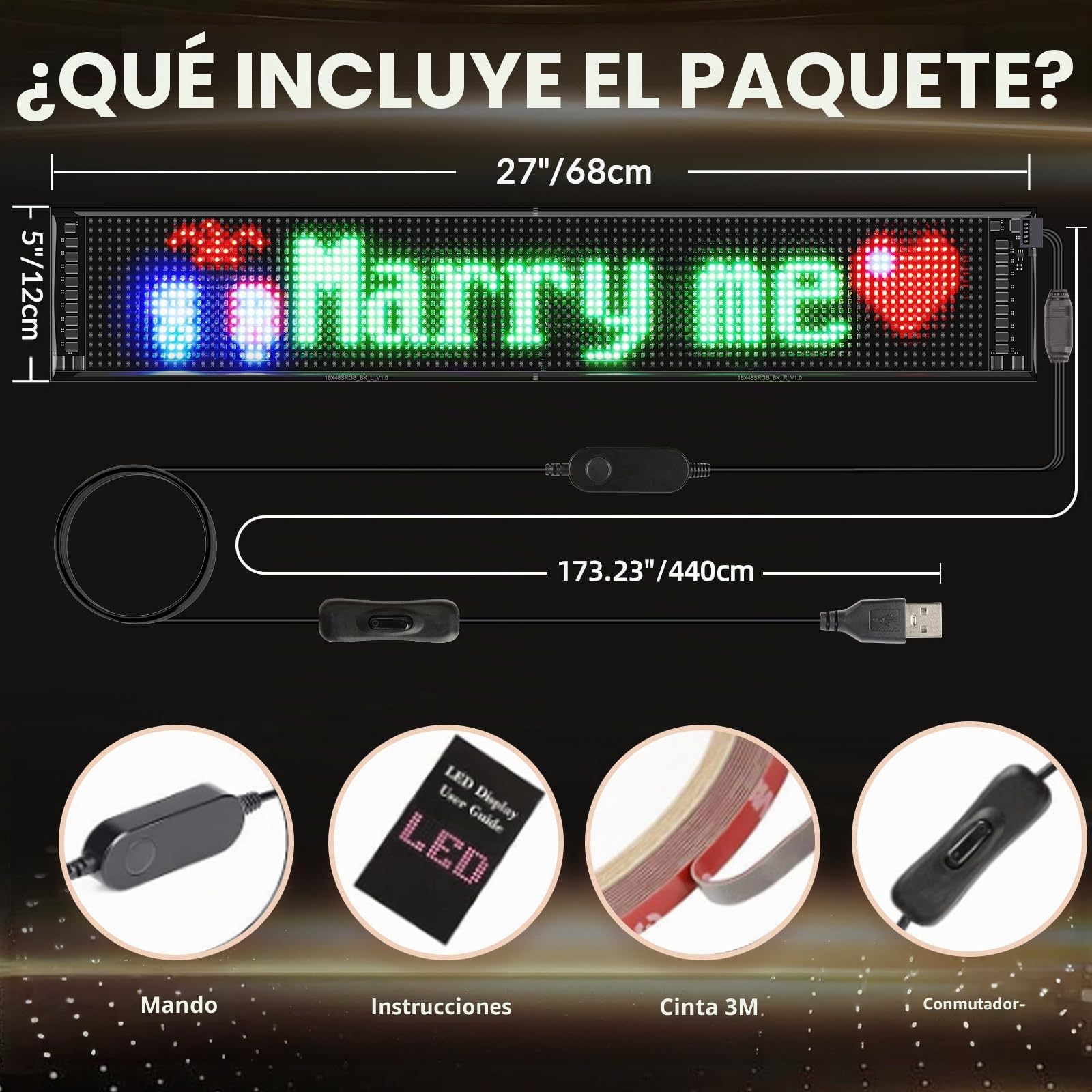 Letrero LED Programable | Panel de visualización Led flexible de 68 x 12 cm con control por APP | Letrero LED personalizado de 5V USB para negocio, publicidad, fiesta, bar
