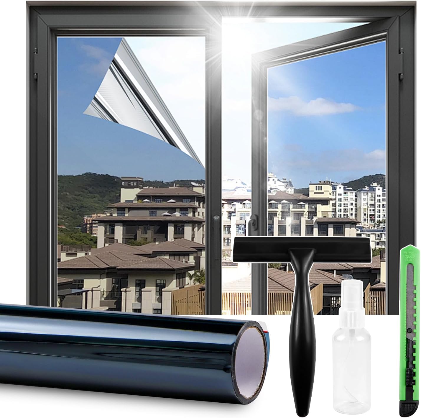 Window Privacy Film One Way Daytime 17.5 in x 6.5 Ft Static Cling Sun and Heat Blocking Anti UV Reflective Mirror Window Tint for Home and Office Black