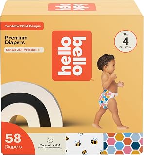 Hello Bello Premium Diapers Size 4 58ct Club Box - Leak-Proof Busy Bees & Hive Five Designs, 22-37 lbs