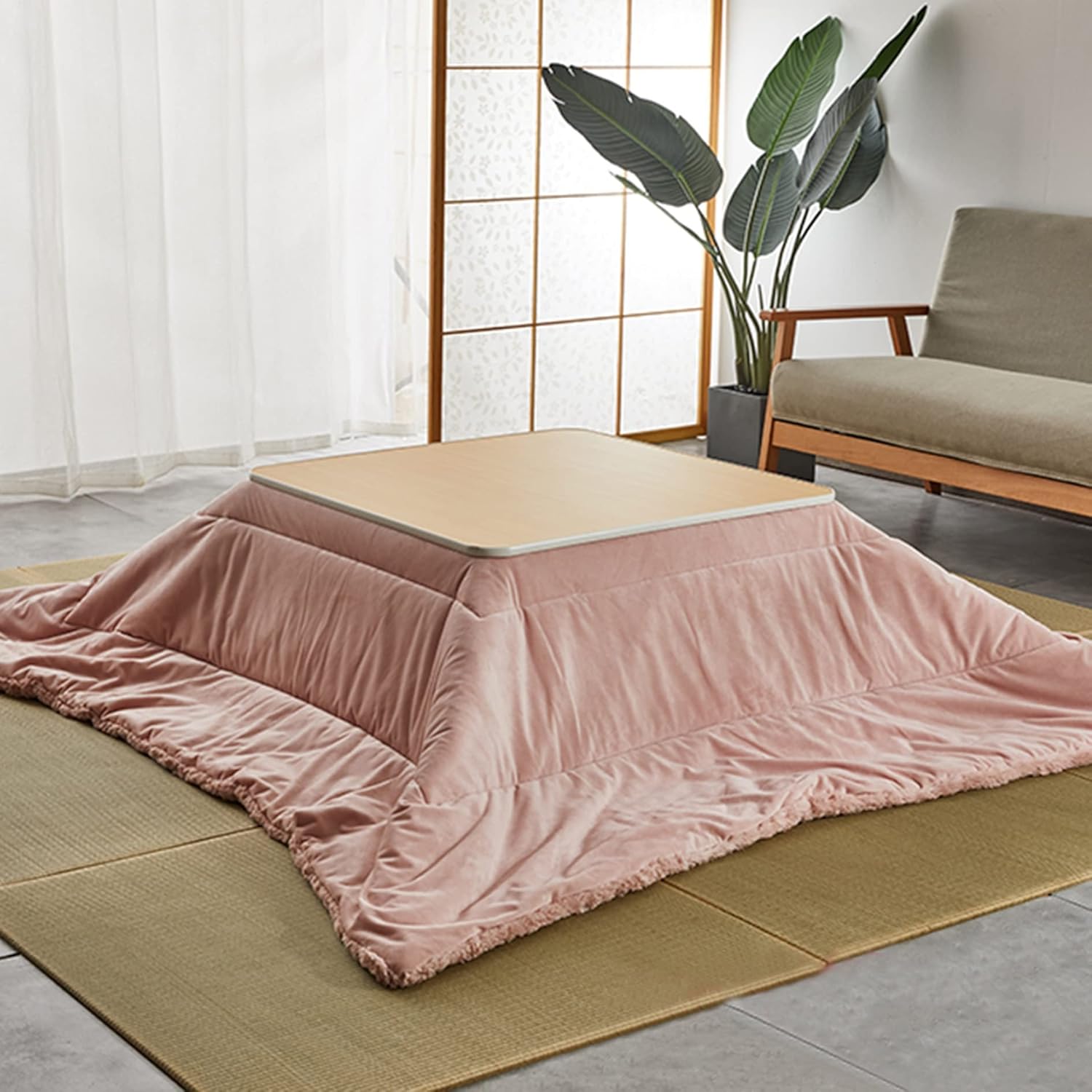 Kotatsu Table with Heater,Japanese Desk Blanket 4 Piece Set,Multifunction Tatami Futon Coffee Tea Laptop Tables,Winter Heated Stove Floor Table,Keep Our Feeties Warm,for Living Room ( Color : Pink , S