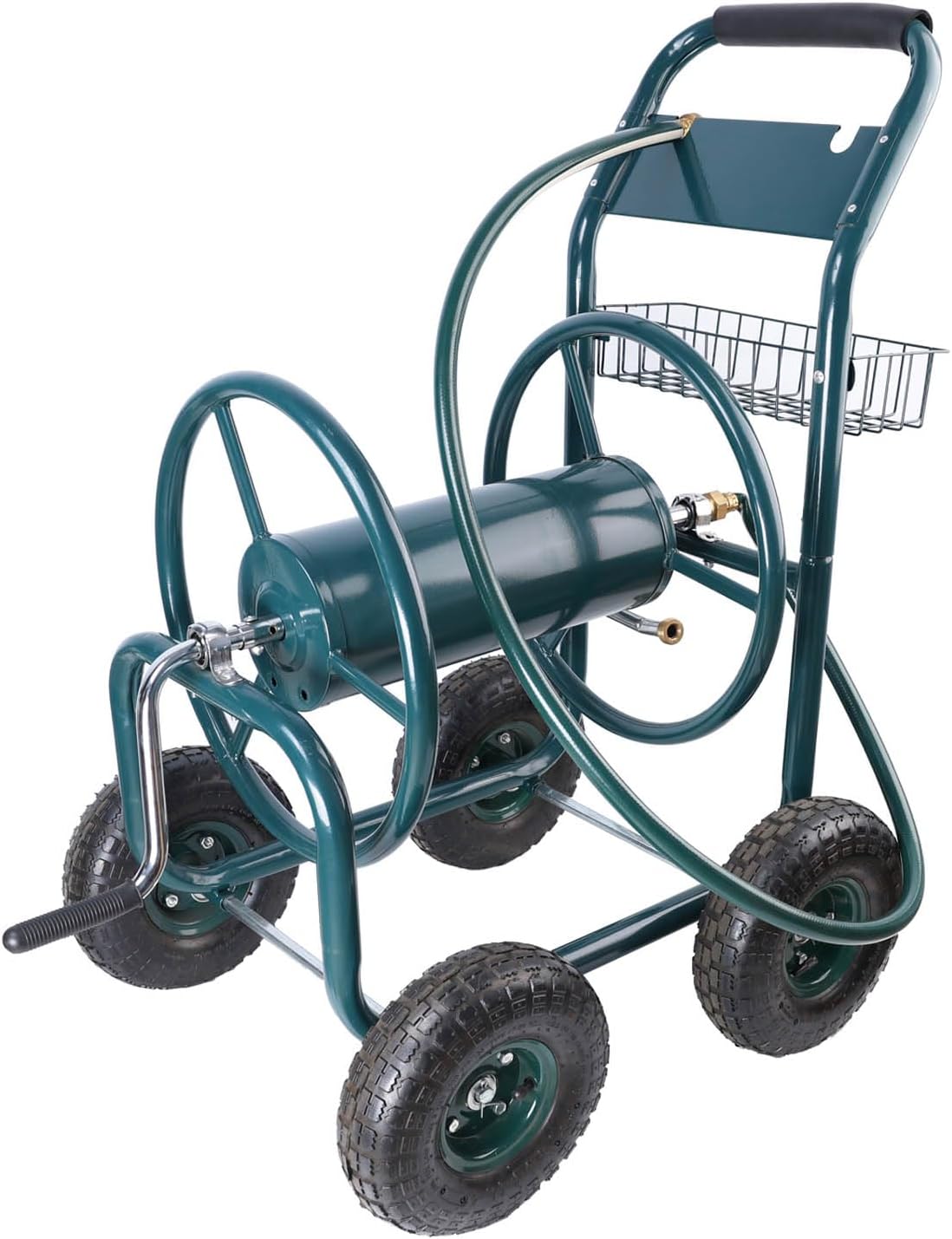 Garden Hose Reel Cart with 4 Wheels, Heavy Duty Hose Reels with Storage Basket, Portable Metal Hose Holder for Garden Yard Lawn Backyard Farm (Green)