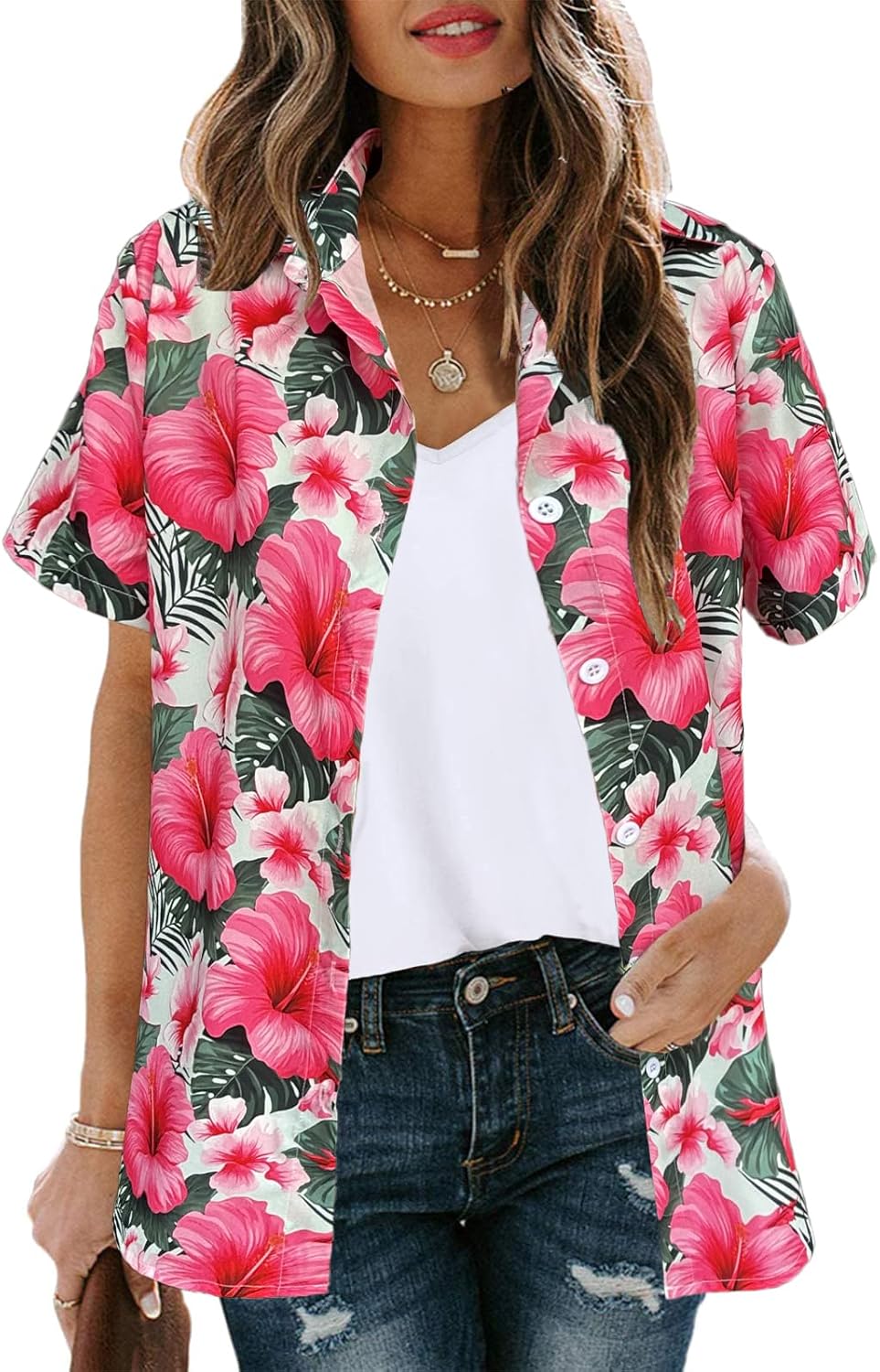 Women's Button Down Hawaiian Shirts Tropical V Neck Summer Beach Blouses Tops Floral Print Vintage Short Sleeve Tees - Image 2