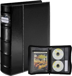 CD DVD Storage Binder with Zipper, PU Leather Corver, 1 Pack | Holds 56 Discs + 28 Booklet Pockets + 56 Tag Slots, for Blu-ray/Music CDs/Audio Disks, Portable Organizer, Black Page