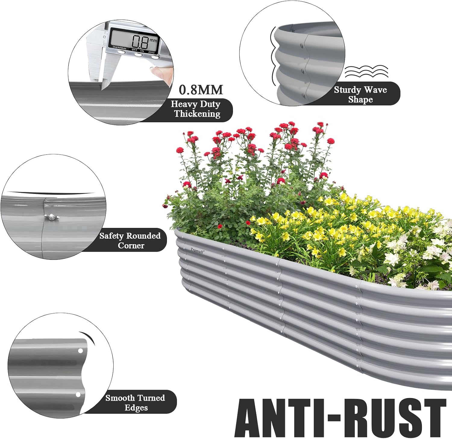 6 Pack 8x3x1.5FT Galvanized Raised Garden Bed Kit Oval Metal Ground Planter Box Outdoor Bottomless Planter Raised Beds for Vegetables Flowers Herbs Fruits, Gray