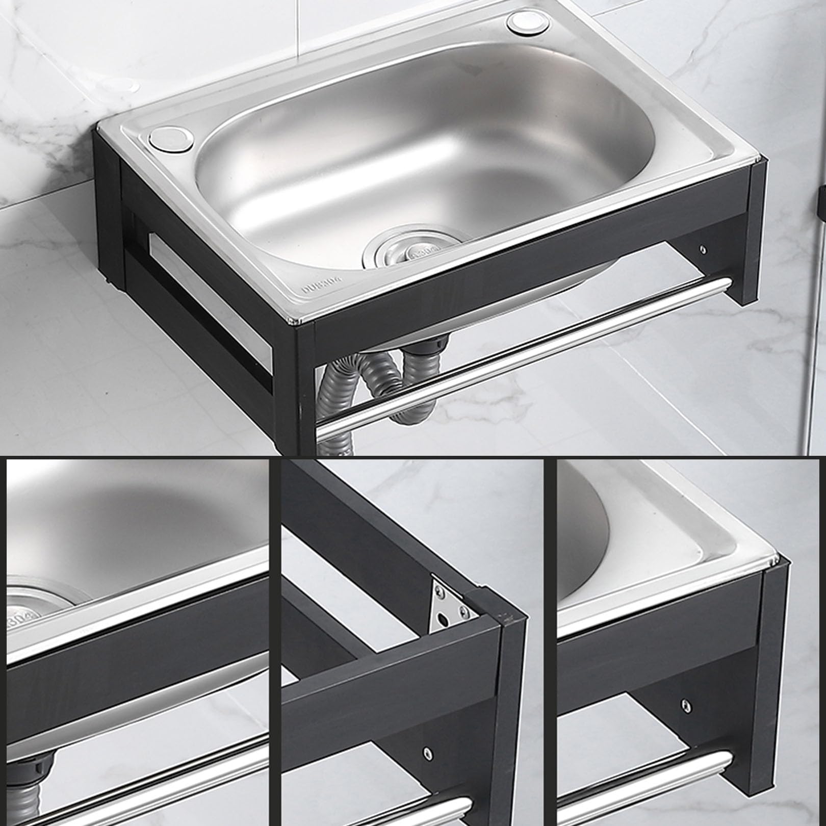 Lavello da parete in acciaio inox, piccolo lavello da cucina industriale con supporto per lavanderia, garage e ristorante, 48 x 35 x 21 cm