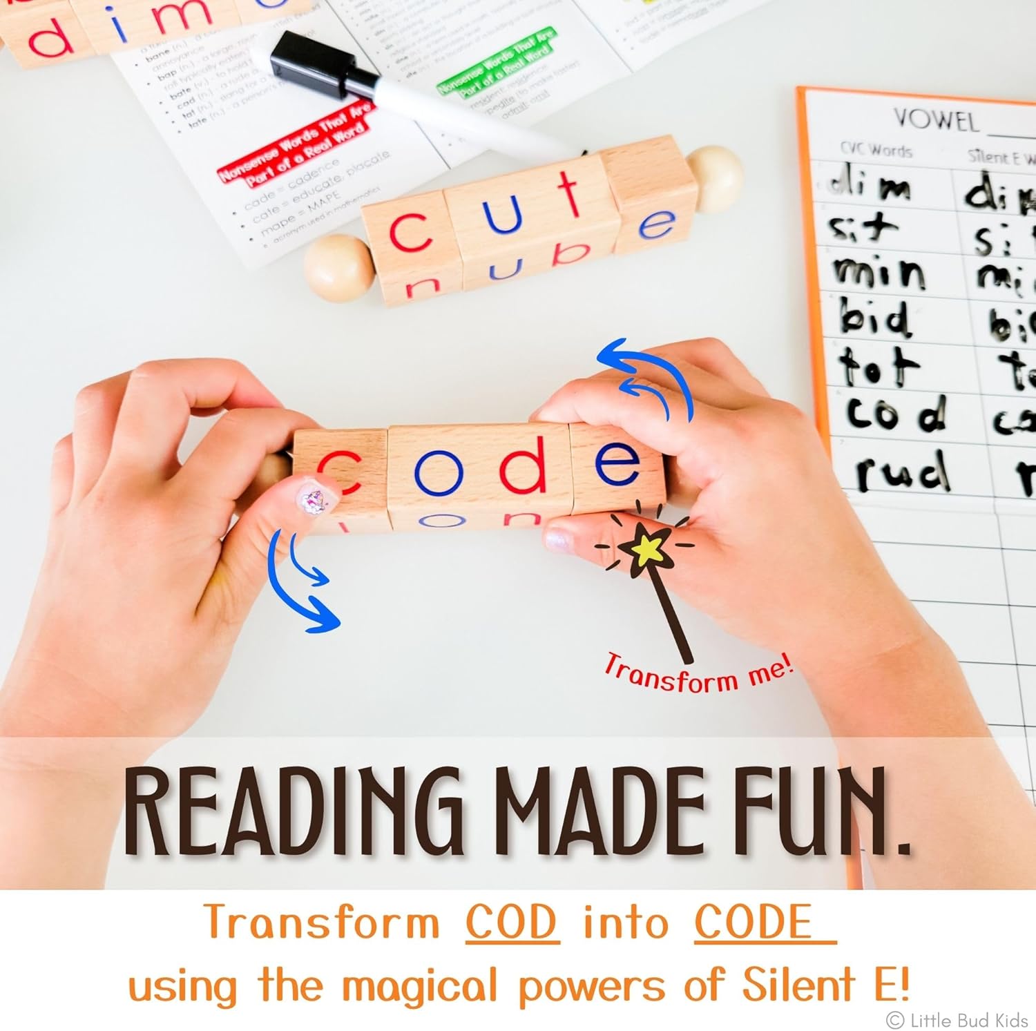 LITTLE BUD KIDS Magic Spin-E Blocks - A Silent E Phonics Toy & Montessori CVCe Reading Blocks for Kids Ages 4–7