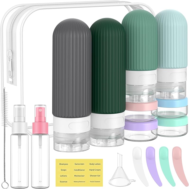 ME.FAN Kit com 18 Frascos e Acessórios Recarregáveis para Viagem, Silicone, Azul