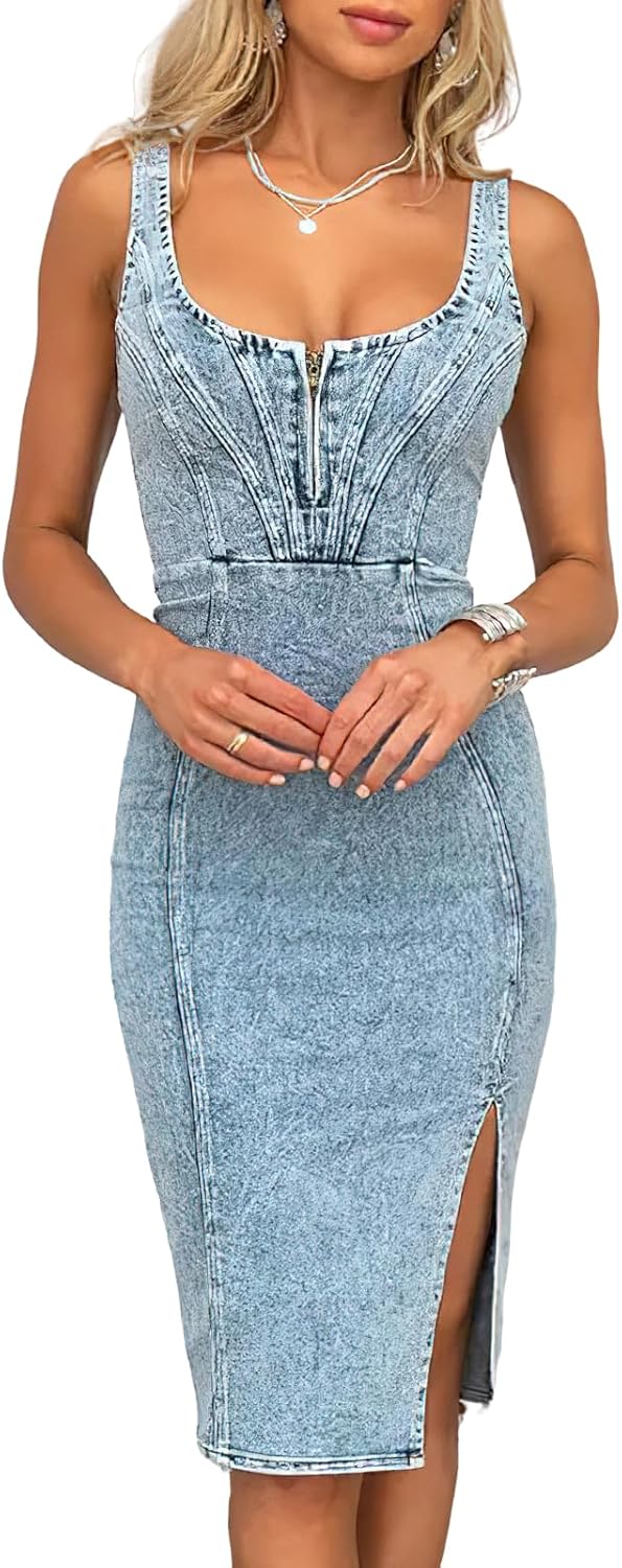 ebossy Women's Sleeveless Bodycon Denim Dress Zipper Up Side Split Casual Slim Mid Long Jean Dresses