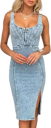 ebossy Womens Sleeveless Bodycon Denim Dress Zipper Up Side Split Casual Slim Mid Long Jean Dresses