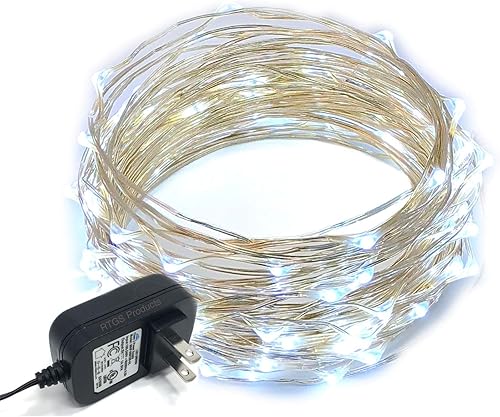 Guirnalda de 100 luces LED de color blanco frío, cable plateado, para interiores y exteriores, 32 pies, luces estrelladas de luciérnaga para