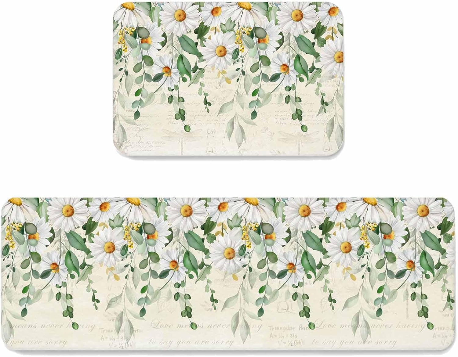 Prime Leader Spring Eucalyptus Leaves Kitchen Mat Set 2 Pieces Country Vintage Green Leaf White Daisy Non Slip Kitchen Rugs Washable Runner Rug Mats for Sink Laundry (19.7" x 31.5"+19.7" x 63")