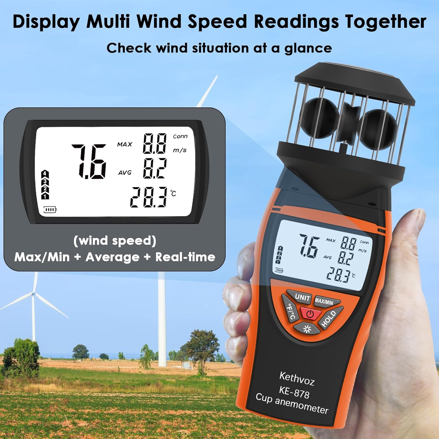 Handheld Cup Anemometer, Kethvoz Digital Air Flow Meter Measure Wind Speed up to 42m/s, Test Temperature for Shooting Hunting Paragliding Outdoor Activities