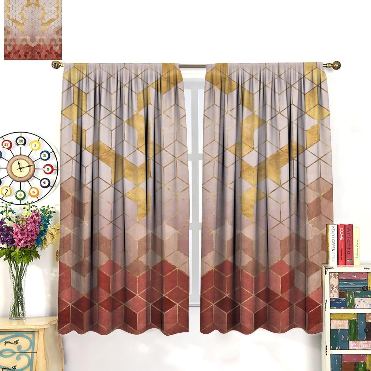 Modern Marble Curtains, Fashion Baroque Pink Red Golden Vein Fractal Geomertic Abstract Stone Block Window Treatments, Rod Pocket Blackout Home Decor Drapes For Living Room Bedroom Bathroom 84x84in