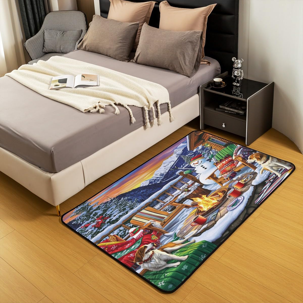 Homewish Bałwan Dywanik 100 x 150 cm Psy Śnieg Salon Dywany Krzesło Kabina Góra Zachód Słońca Dekoracyjny Dywan Leśny Ognisko Woodpile Zima Wewnętrzna Mata podłogowa
